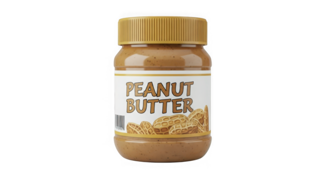 Delicious creamy peanut butter jar with golden lid full of nutty goodness for spreads and recipes transparent background