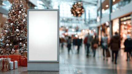 Blank vertical digital display in shopping mall with decorated Christmas tree and blurred people background. Advertising mockup billboard for boxing day marketing and promotion campaigns