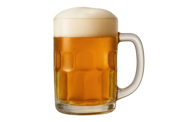 Chilled mug holding golden beer topped with white foam, isolated on a transparent background, ready for refreshing enjoyment
