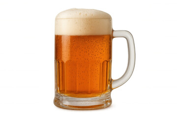 Glass mug of cold beer with foam and condensation droplets, isolated on transparent background