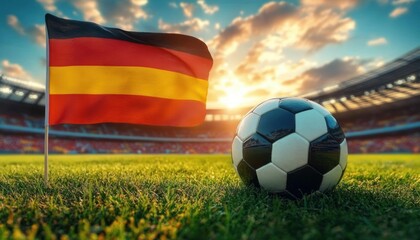 Naklejka premium Soccer ball on green grass near a corner flag with red, yellow, and black stripes inside a stadium during sunset