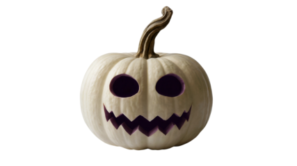 Spooky white pumpkin carved with classic jack-o'-lantern face, ready for Halloween celebrations and festive decor