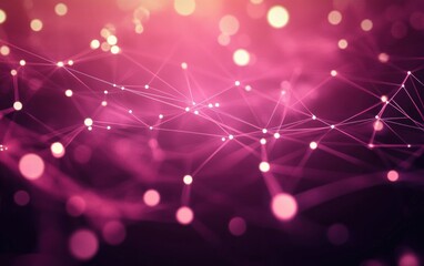 Abstract digital network with glowing nodes connected by thin lines over a blurred pink and purple background creating a futuristic and dynamic atmosphere