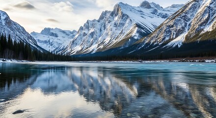 Fototapeta premium Snow capped mountains reflect in a clear blue river with dark pine forest water reflection