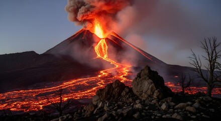 Active volcano eruption spewing lava and smoke under a twilight sky landscape view