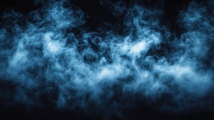 Dense swirling blue smoke or fog with intricate patterns against a dark background, creating a mysterious and ethereal atmosphere