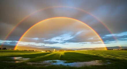 Double rainbow arcs over a green field with puddles and distant mountains under a dramatic cloudy sky