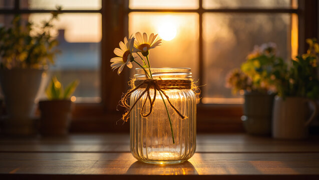 Find a quiet moment of calm and simple beauty with this elegant daisy, glowing in the soft, warm light of a window.