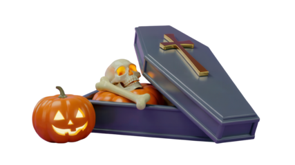 Spooky Halloween scene with glowing jack-o-lantern, skeleton, bones, and open coffin featuring a golden cross, perfect for festive celebrations and scary decor