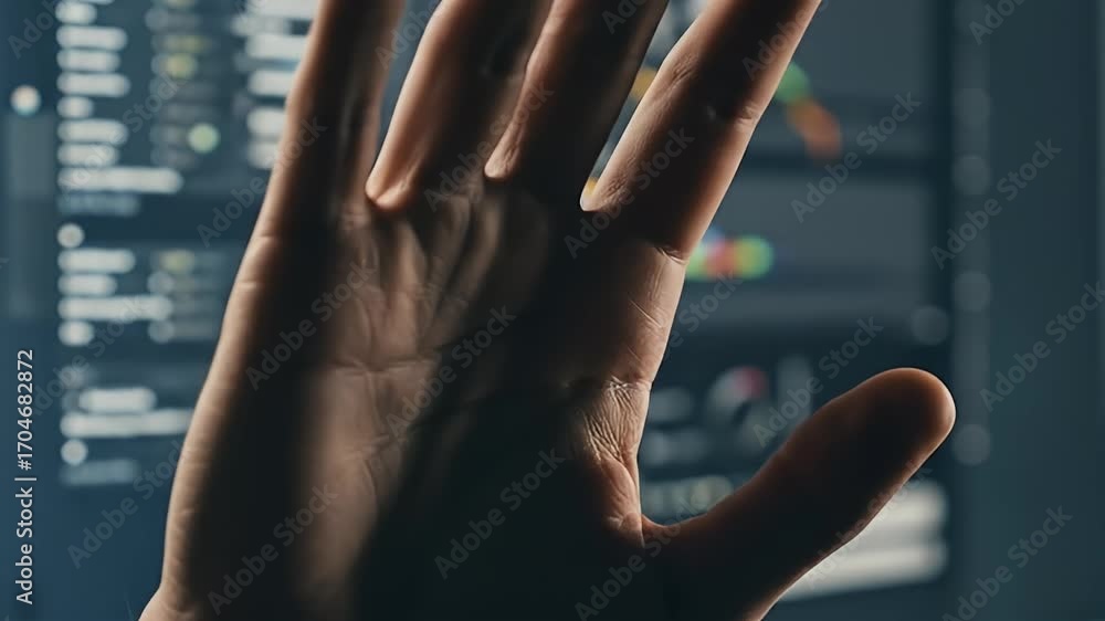 Poster hand gesturing in front of a computer monitor with data and graphs displayed