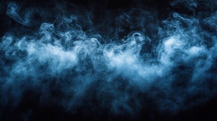 Dense blue-tinted smoke swirling and curling against a dark black background, creating a mysterious and ethereal atmosphere
