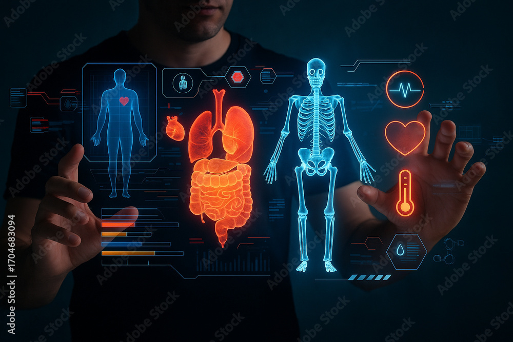 Aufkleber ai generated sci fi digital artwork showing man interacting with glowing holographic medical interfa