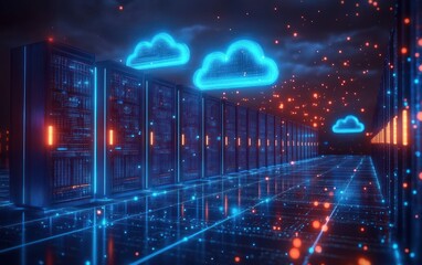 Futuristic data center corridor with neon blue cloud icons floating above server racks under a dark sky filled with glowing orange particles conveying digital connectivity