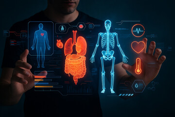 AI generated sci fi digital artwork showing man interacting with glowing holographic medical interface displaying skeleton organs health icons and futuristic biometric data