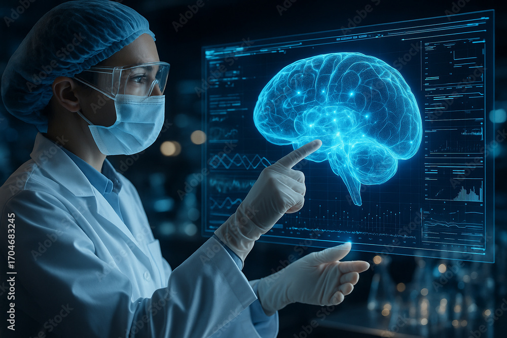 Poster ai generated futuristic medical concept showing scientist interacting with glowing holographic human