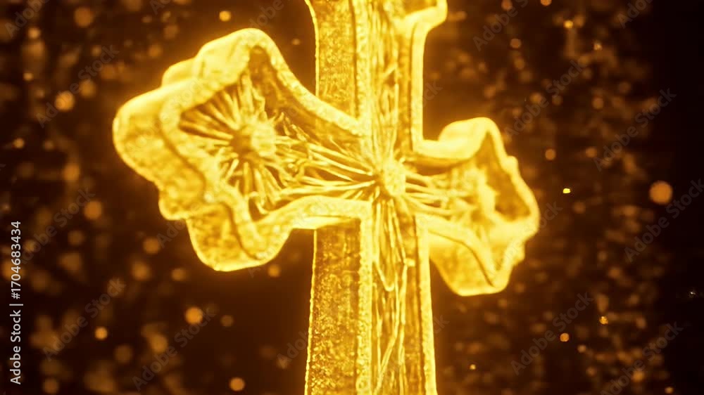 Poster illuminated golden cross with sparkling particles in the dark background