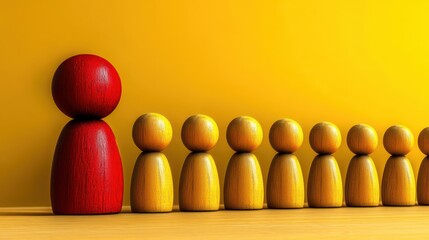 A large red wooden figure stands apart from a line of smaller yellow wooden figures on a yellow background evoking themes of leadership and individuality