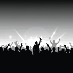 Fototapeta premium Silhouette Concert Crowd Vector Illustration in Monochrome Style with Dynamic Lighting Effects