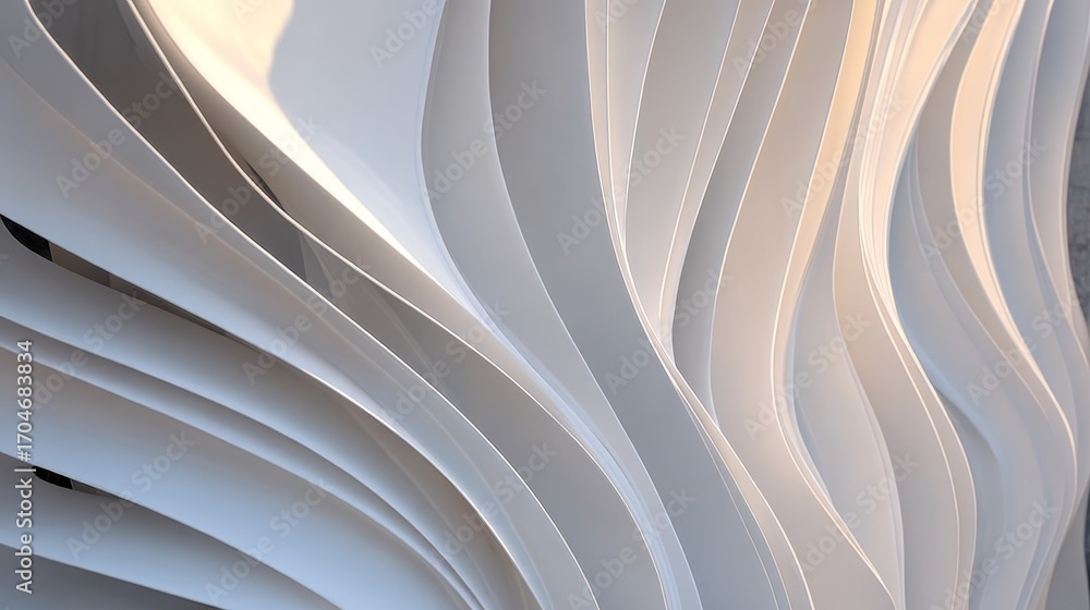 Poster parametric architectural surface close-up with fluid wave-like curves and layered white panels creat