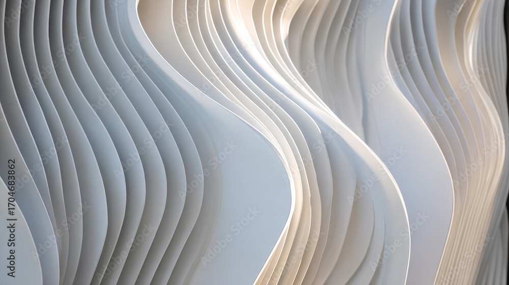 Poster parametric architectural surface close-up with fluid wave-like curves and layered white panels creat