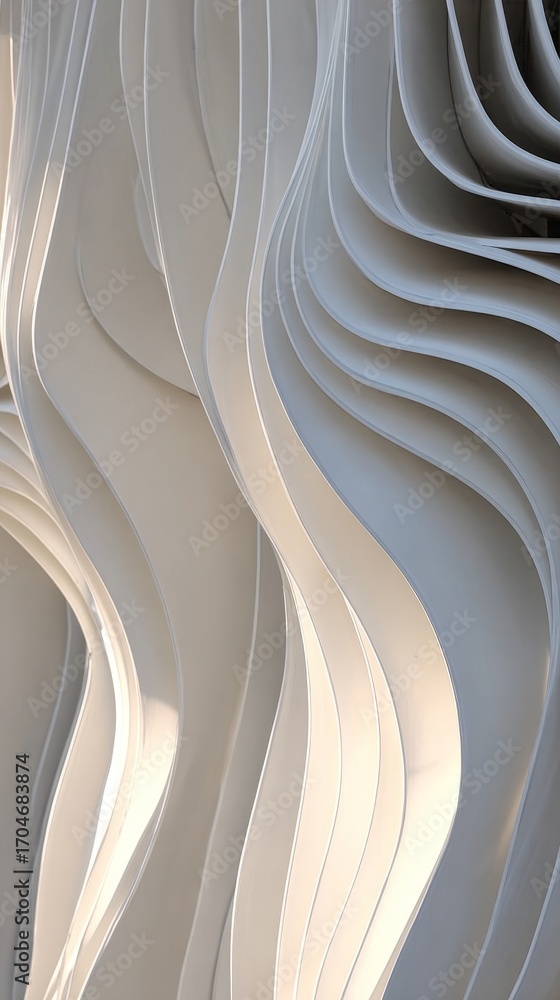 Poster parametric architectural surface close-up with fluid wave-like curves and layered white panels creat