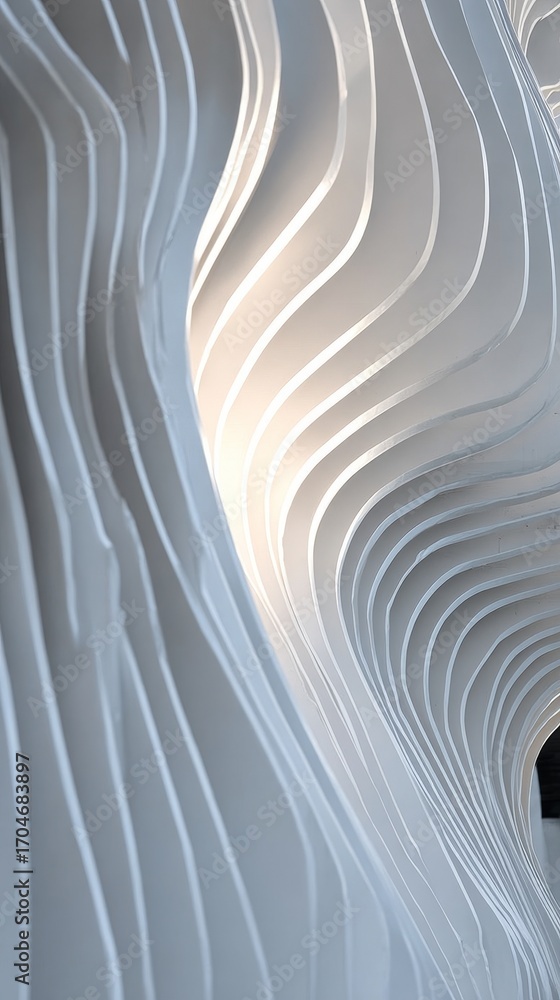 Poster parametric architectural surface close-up with fluid wave-like curves and layered white panels creat
