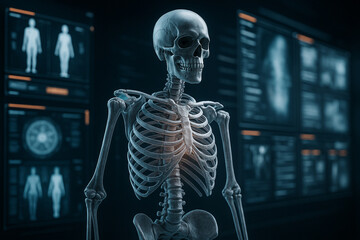 AI generated digital artwork showing a human skeleton in 3D hologram style with medical data visualization futuristic and scientific atmosphere