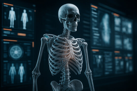 AI generated digital artwork showing a human skeleton in 3D hologram style with medical data visualization futuristic and scientific atmosphere