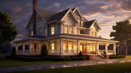 Elegant suburban home with inviting porch illuminated by evening light creating a cozy atmosphere
