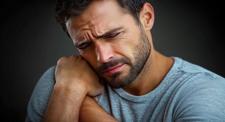Obraz premium Close-up of a man with a pained expression clutching his shoulder, conveying discomfort and emotional distress in a dimly lit setting