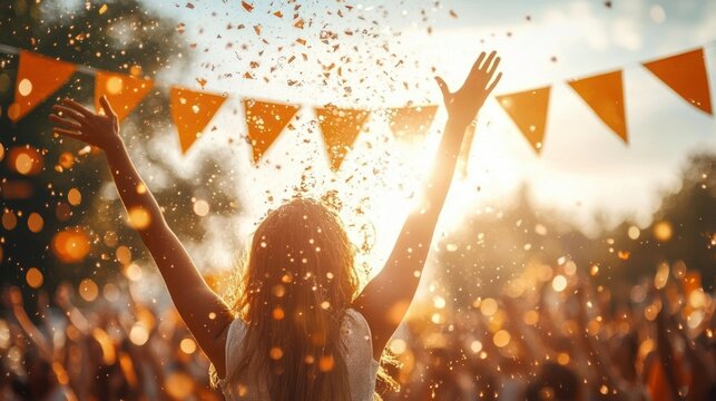 Person with raised arms celebrating under orange triangular flags with confetti in the air and warm sunlight