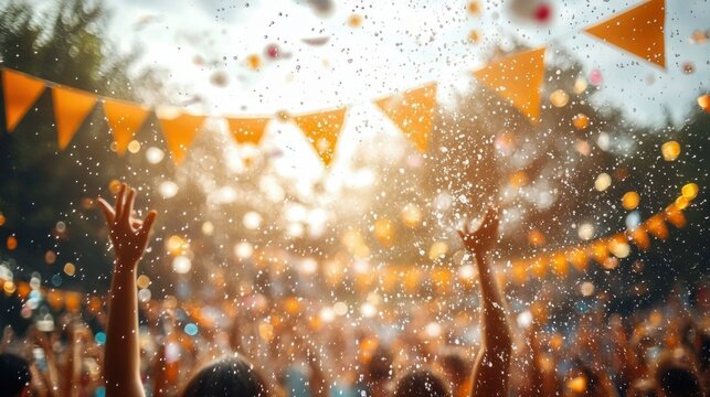 Crowd celebrating outdoors with hands raised, confetti in the air, and orange triangular flags hanging against a bright sunny sky