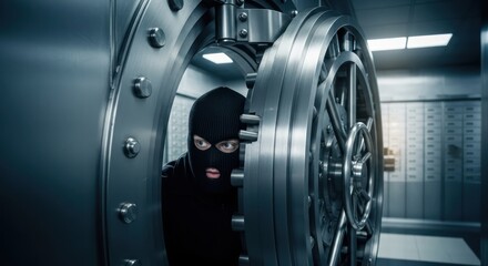 Intruder alert: Masked figure peering from inside formidable bank vault door