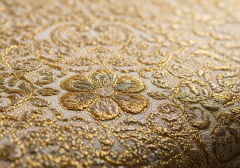 Close up of intricate gold embroidery on fabric with textured detail