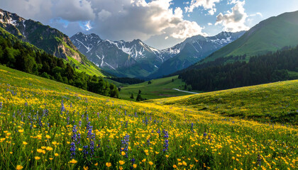 Fototapeta premium Pastel Wildflower Valley with Mountain View