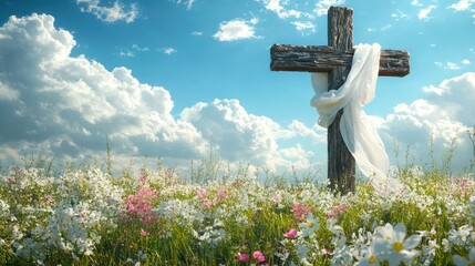 Rustic wooden cross draped with white cloth stands in a colorful blooming wildflower field under a bright blue sky with fluffy clouds