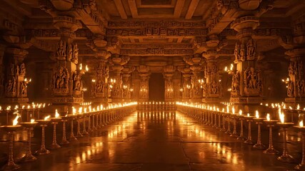 Mystical temple interior glows with candle light, creating a spiritual atmosphere for meditation or historical documentaries, offering serenity and wonder