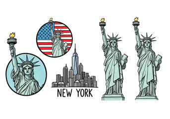 Statue of Liberty and New York skyline vector icon collection
