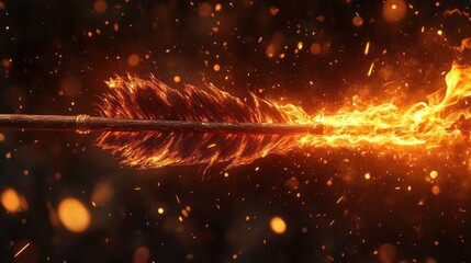 close-up of an arrow with fiery glowing feathers and a flame trail surrounded by glowing sparks against a dark background, evoking intensity and power