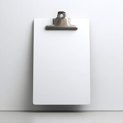 3D clipboard with blank paper, floating minimal object on white