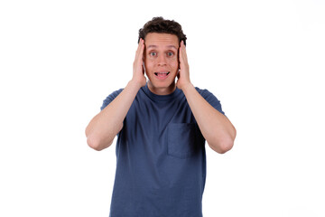 Naklejka premium man in blue shirt surprised, white background