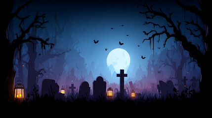 A graveyard with a large moon in the sky