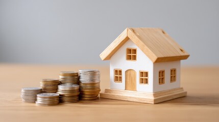 Small model house next to stacks of coins representing real estate investment and financial planning concept