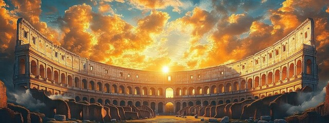 Ancient stone amphitheater under dramatic sunset sky with vibrant clouds illuminating historic architectural arches and ruins
