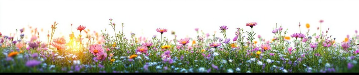 Vibrant wildflower meadow with various colorful flowers blooming under soft sunlight creating a peaceful and uplifting atmosphere