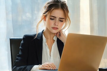 Young woman in business attire looking stressed and confused while using a laptop in a softly lit office environment