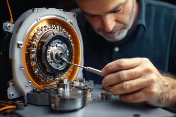 Man focused on repairing or assembling a complex mechanical device using a screwdriver on a detailed circular machinery component