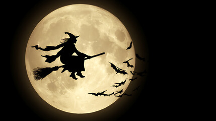 A witch is flying on a broomstick over a full moon