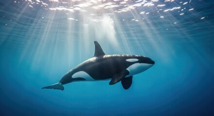 Obraz premium Majestic orca swimming peacefully beneath sunlit ocean surface captivating marine beauty