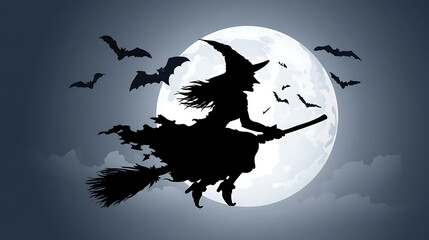 A witch is flying on a broomstick over a moonlit sky